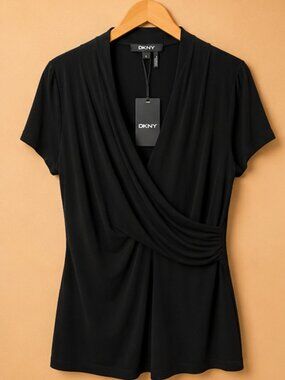 DKNY Black Draped Wrap Top NWT Size Large | Elegant Stretch Blouse Chic Career